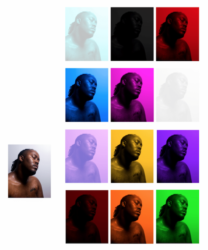 Set of 13 color photographs of a person, their head tilted up and eyes closed, all tinted a different color
