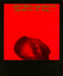 Black-and-red Polaroid of the back of a person's head, with text written in gold pen on the surface