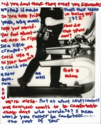 Black-and-white Polaroid of a police officer on a treadmill, with text in blue and red ink on surface