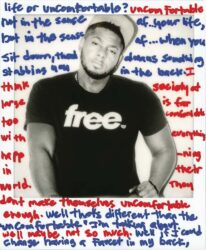 Black-and-white Polaroid of the artist wearing a "free." t-shirt, with text in blue and red ink on surface