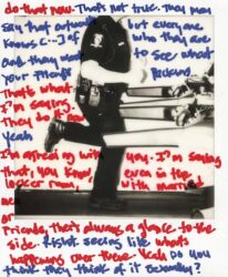 Black-and-white Polaroid of a police officer on a treadmill, with text in blue and red ink on surface