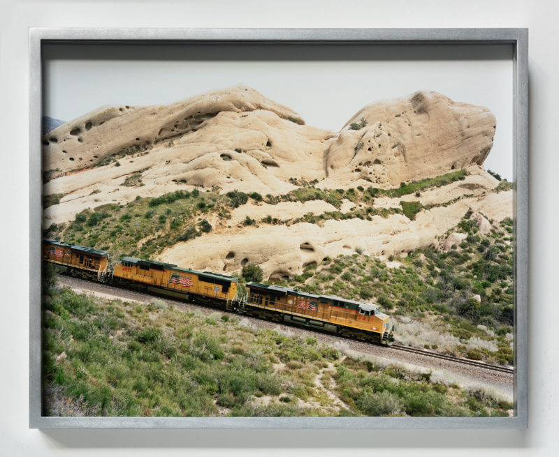 Justine Kurland. UP 4955 and UP 5411 Sliding Down Mormon Rocks, 2009, pigment print, 12 x 15 inches // Somewhere, 2008, pigment print, 5 x 7 inches, printed 2023, mounted on aluminum, 12 x 15 inches, edition of 6