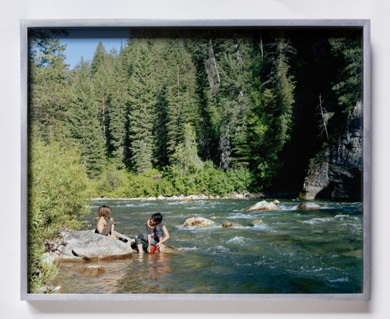 Justine Kurland. Dirty Dishes, 2009, pigment print, 8 x 14 1/4 inches // Smoking Diesel on the Feather River, 2009, pigment print, 11 x 8 3/4 inches, printed 2023, mounted on aluminum, 18 x 14 1/4 inches, edition of 6