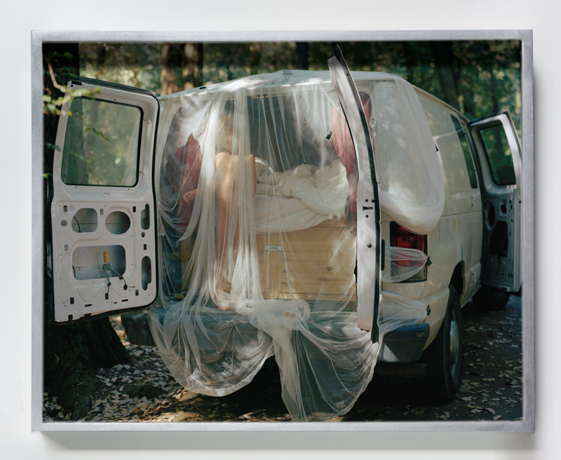 Justine Kurland. Mosquito Netting, 2010, pigment print, 17 x 13 1/2 inches // Magic Hour, 2009, pigment print, 11 1/2 x 9 1/8 inches, printed 2023, mounted on aluminum, 17 x 13 1/2 inches, edition of 6