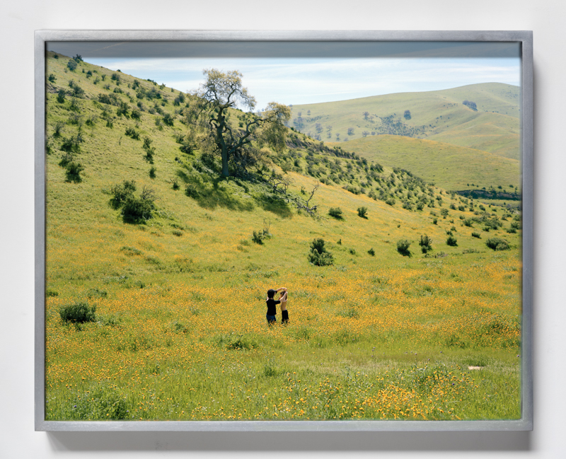 Justine Kurland. California Wild Flowers, 2009, pigment print, 15 1/2 x 12 7/16 inches // UP 7763 and UP7715, West Texas, 2008, pigment print, 10 x 8 inches, printed 2023, mounted on aluminum, 15 1/2 x 12 7/16 inches, edition of 6