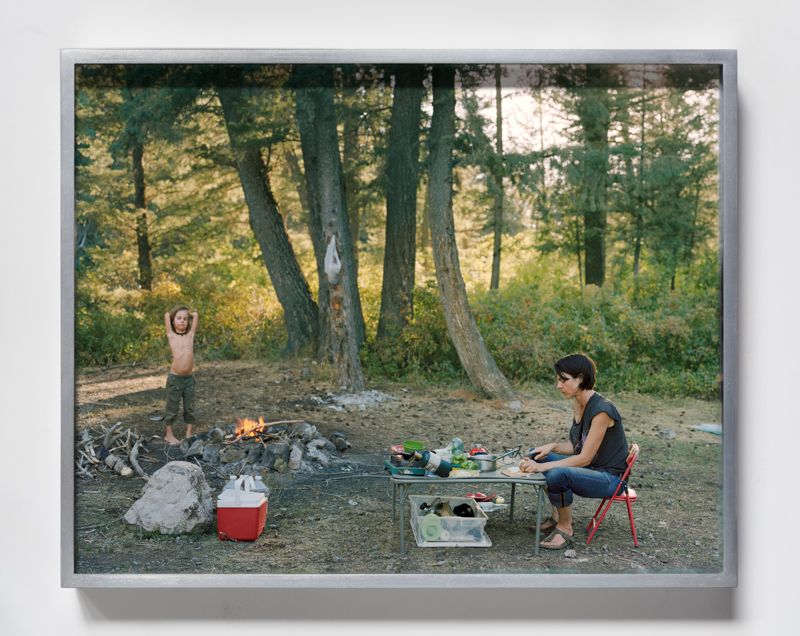 Justine Kurland. Hippy Stir Fry, 2009, pigment print, 14 1/2 x 11 5/8 inches // Lupin Blossoms on the Caliente Pass, 2009, pigment print, 11 x 8 3/4 inches, printed 2023, mounted on aluminum, 14 1/2 x 11 5/8 inches, edition of 6
